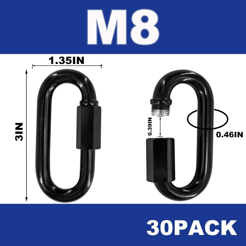 XHMAXE 50PCS 3 Inches Black Chain Links, M8 Screw Galvanized Steel Heavy Duty Quick Links, 5/16" Locking Carabiners for Connecting Hammock, Key Chain, Pet Leash,Gym,Camping 1525 Lbs Capacity - Image 2